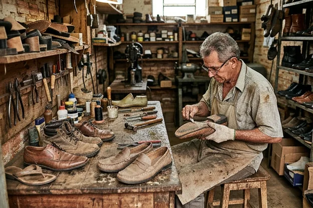 Sapatos sendo avaliados para manutenção em sapateiro em Rio Verde.